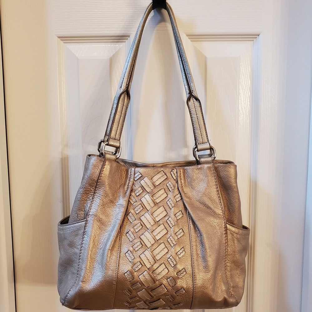 Tignanello Metallic Gold Silver Leather Woven Shoulder Bag Tote